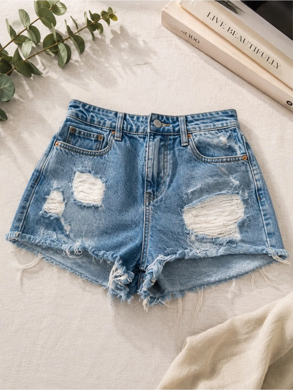 Blue‎ Distressed Jean Shorts with Cut-Off Hem